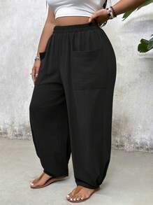 SHEIN CURVE+ Pantaloni casual alla caviglia con tasche, taglie forti, abiti estivi per vacanze al mare/città/campagna, abbigliamento da spiaggia - nero - Visualizzare 5