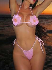 Swim SXY 女士夏季微花卉印花三角粉色比基尼性感度假优雅沙滩两件套泳衣 - 粉色 - 查看 3