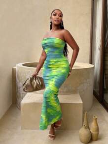 BamGleam 女士扎染褶皱修身抹胸连衣裙 - 彩色 - 查看 4