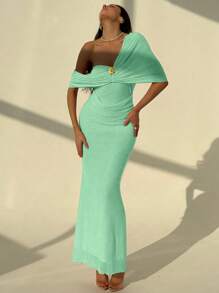 Aloruh 女士优雅纯色不对称领口鱼尾下摆长裙，夏季 - 薄荷綠 - 查看 4
