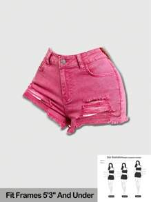 SHEIN PETITE Roze damesjeansshorts met lage taille en scheuren, comfortabele stretch, perfect voor zomerse muziekfestivals en het Y2K-festival. - Roze - Bekijken 1