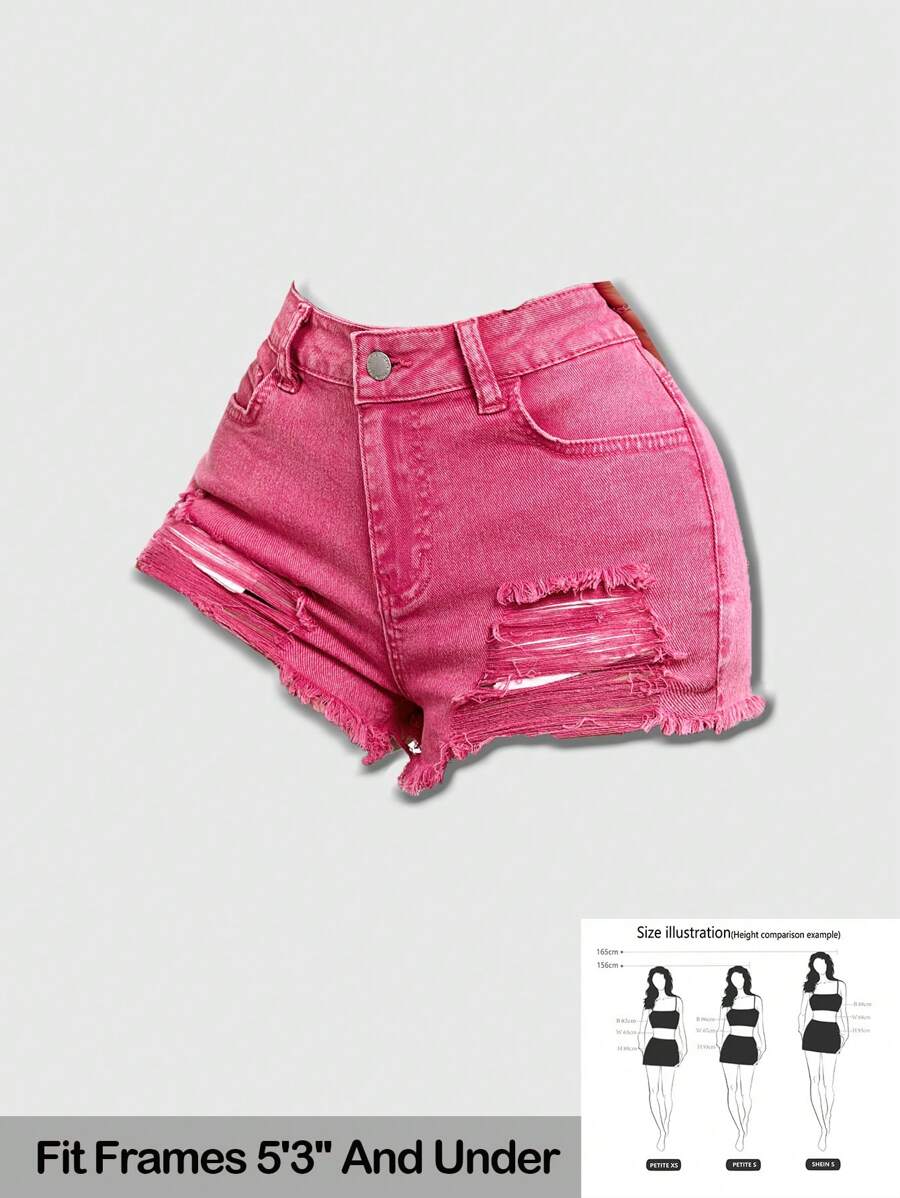 SHEIN PETITE Roze damesjeansshorts met lage taille en scheuren, comfortabele stretch, perfect voor zomerse muziekfestivals en het Y2K-festival. - Roze - Bekijken 1