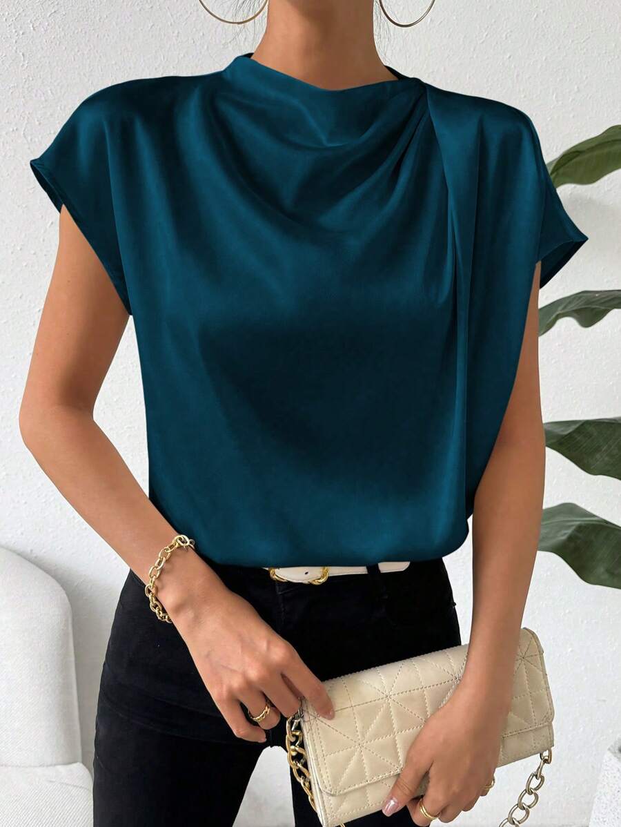 Chiquease 女式纯色高领蝙蝠袖优雅缎面衬衫