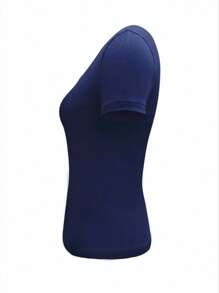 SHEIN EZwear 女式海军蓝字母纽扣短袖短款 T 恤，休闲简约 - 藏蓝色 - 查看 3