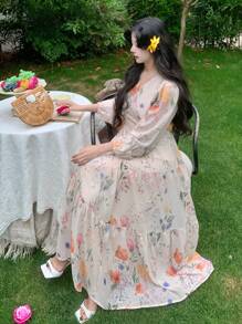 DAZY Vestido de manga farol con cuello en V y estampado floral diminuto, estilo resort, vestido de manga larga para otoño