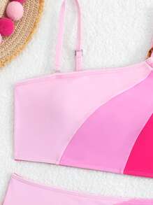 青少年女孩拼色不对称领口泳衣套装 小女孩套装 夏季小女孩套装 女童泳衣 小女孩比基尼套装 青少年泳衣 少女比基尼套装 少女泳衣两件套 - 彩色 - 查看 5