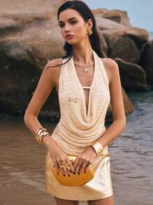 Poéselle Summer Sexy Sequin Halter Backless Cami Top - Apricot - View 7