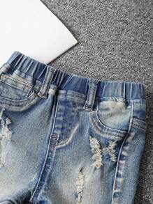 SHEIN Quần short denim xanh bó sát, phong cách retro, bạc màu, rách rưới, thời trang cho bé trai, thích hợp mặc hàng ngày mùa hè. - Rửa trung bình - Xem 3