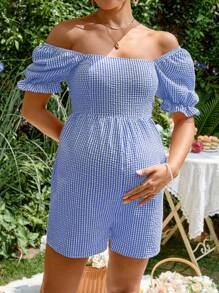 SHEIN 孕妇格子露肩泡泡袖休闲连体衣 - 藍色 - 查看 3