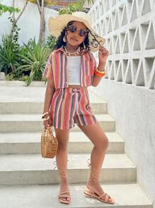 SHEIN Tween Girl Spring And Summer New Casual Vacation Shirt Collar Open Placket Short-Sleeved Cropped Top + Fitted Shorts Colorful Striped Tween Girl Two Pieces Set.Mommy And Me Matching Outfits(2pieces Are Sold Separately) - Multicolor - View 9
