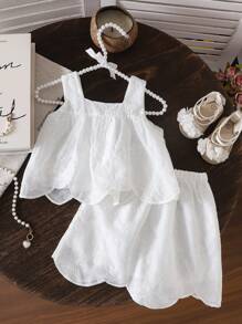 SHEIN 2 件套女孩时尚套装，怀旧甜美提花刺绣背心上衣和温柔风格裙子 - 白色 - 查看 3