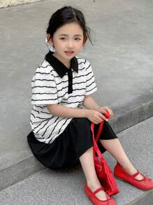 DAZY Robe décontracté en tricot à manches courtes, col rayé pour filles et enfants, été - Noir et Blanc - Voir 1