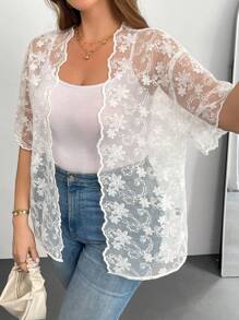 SHEIN Essnce Plus Size Women's Summer Elegant White See-Through Cardigans,Embroidered Short-Sleeved Lace Tops,Tea Party Tops - Beige - View 3