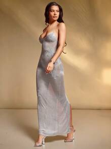 Hauture Damen Blumen Mesh Body con Sexy transparent Trägerkleid - Silber - Übersicht 5