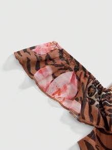 ROMWE J-Fashion 女式复古花卉豹纹网眼鱼尾长裙 - 棕色 - 查看 4