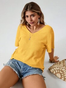 SHEIN VCAY Plus Size Minimalist Solid Color Waffle Pattern Backless T-Shirt - Yellow - View 2