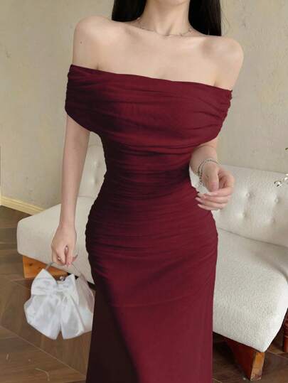 Modelyn Women's Off Shoulder Gathered Waist Ruffle Hem Elegant Long Dress, Suitable For Wedding, Date Occasions