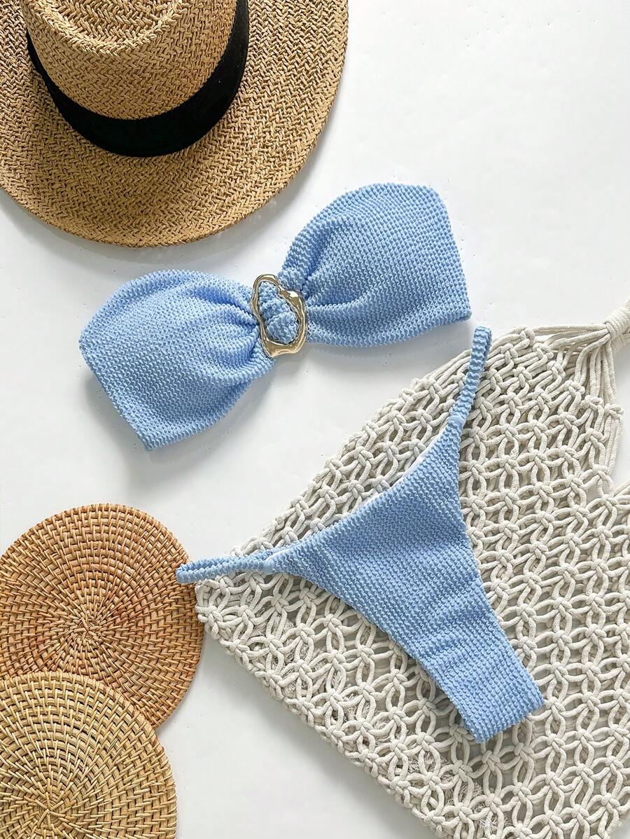 Swim Vcay Springbreak 女士沙滩装夏季套装，女士纯色提花面料紧身胸衣金属配饰性感比基尼套装 - 藍色 - 查看 1