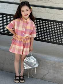 Dazy Kids 2 pièces/Set Chemise à manches courtes boutonnée à carreaux et short assorti pour jeune fille, tenues d'été pour filles