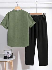 SHEIN Leap Crew 青少年男孩纯色短袖衬衫和裤子两件套，休闲