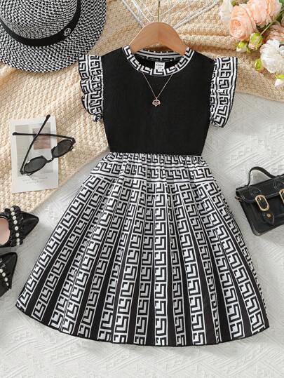 Young Girl Classic Floral Print Cap Sleeve Dress, Elegant Fashionable Casual Outdoor Gift Wear, Spring/Summer