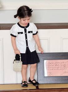 SHEIN Baby Girl Lace Single-Breasted Puff Sleeve Top And Pleated Mini Skirt Set - Black and White - View 4