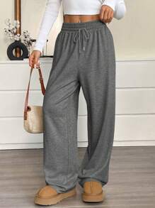 SHEIN EZwear Quần dài màu trơn cạp rút dây thường ngày cỡ lớn - Màu xám đen - Xem 6