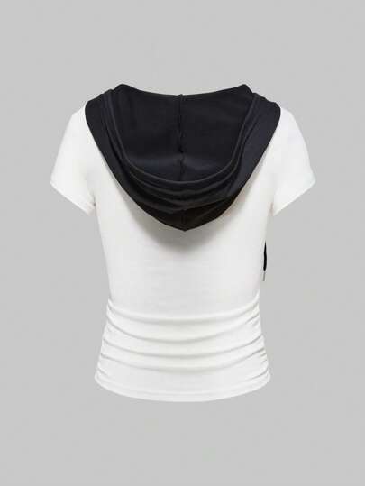 Grunge Punk Vintage Y2K Concert, Punk Skull Print 2-In-1 Contrast Color Women Tight Fitting Short Sleeve T-Shirt