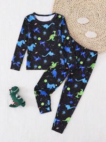 2 pièces Ensemble de pyjama à manches longues ajusté et confortable avec dinosaure luminescent dans le noir, pour jeune garçon à la mode - Noir - Voir 8