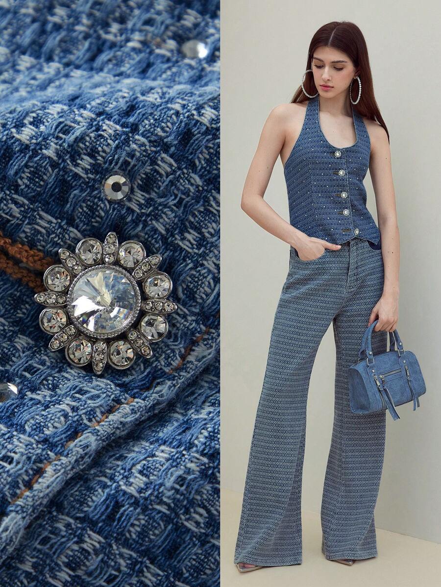 MOTF STUDIO 水钻挂脖牛仔上衣 - 藍色 - 查看 1