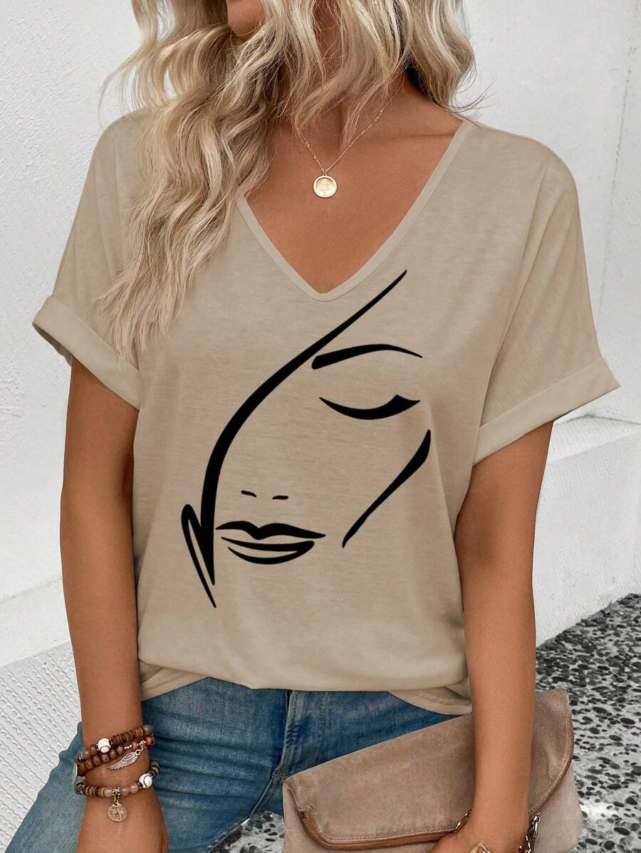 SHEIN Women's Face Print V-Neck Short Sleeve Casual Versatile T-Shirt, Summer - Apricot - View 1