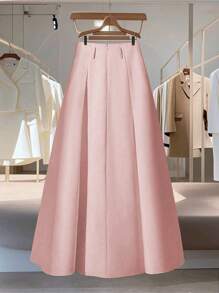 Franclia Women's Elegant High Waist Pleated Solid A-Line Skirt - Pink - View 2