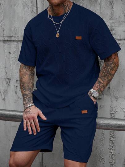 Manfinity CasualCool 男士印花休闲圆领 T 恤和抽绳腰短裤套装，男士配套服装，舒适服装