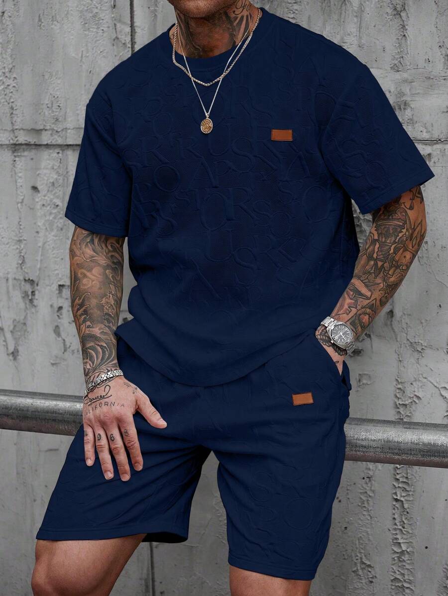 Manfinity CasualCool 男士印花休闲圆领 T 恤和抽绳腰短裤套装，男士配套服装，舒适服装 - 寶藍色 - 查看 1