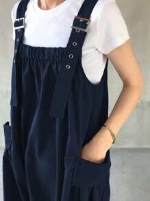 FRIFUL 女式纯色宽松双口袋超长吊带连衣裙，春夏 - 藏蓝色 - 查看 6