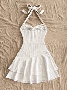 Soleia Vestido mini de doble capa con cuello de corbata, cintura retorcida y dobladillo, color rojo y blanco, adecuado para vacaciones, citas, té de la tarde, festivales de música, estilo bohemio, primavera/verano