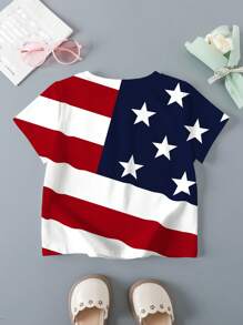 TOM & JERRY X SHEIN Young Girl Summer Casual Cartoon & American Flag Print Round Neck Short Sleeve T-Shirt For 4th Of July