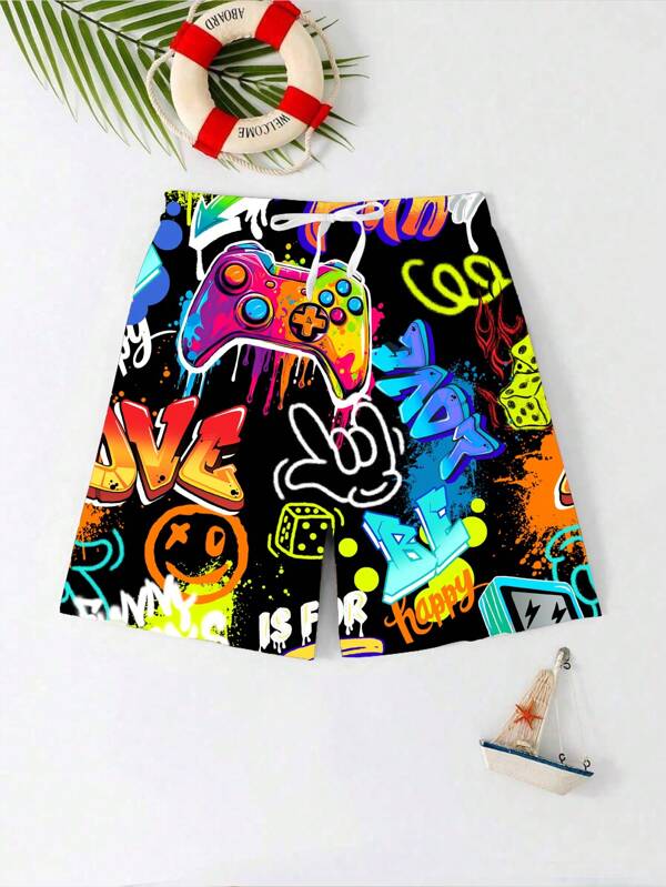 Jungen-Schwimm-Shorts im Minimalist-Stil mit Buchstaben- und Cartoon-Muster, geeignet für den Sommer