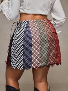 Slaydiva 2025 春夏女款加大码格子拼布印花时尚宽松系带荷叶边 A 字迷你裙，适合休闲街头装、派对、音乐节、复古西部风、公路旅行、度假 - 彩色 - 查看 2