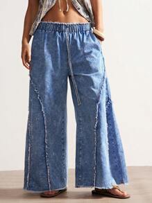 Bohemela Pantalones vaqueros anchos de mujer en unicolor vintage trenzados y sueltos con abertura lateral estilo bohemio