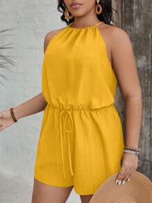 SHEIN VCAY Plus Size Women Solid Color Waist Tie Halter Jumpsuit Shorts, Vacation Style