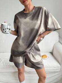 DAZY Tie-Dye Print T-Shirt And Shorts Lounge Set, Women Casual Loungewear ,Vacation