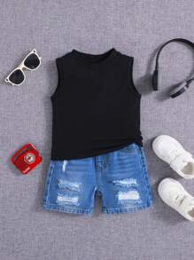 SHEIN 男婴春夏纯色背心搭配破洞宽松牛仔短裤套装，男婴夏季服装套装