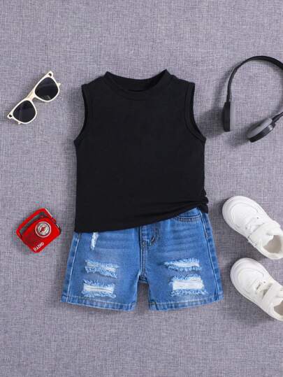 SHEIN 男婴春夏纯色背心搭配破洞宽松牛仔短裤套装，男婴夏季服装套装