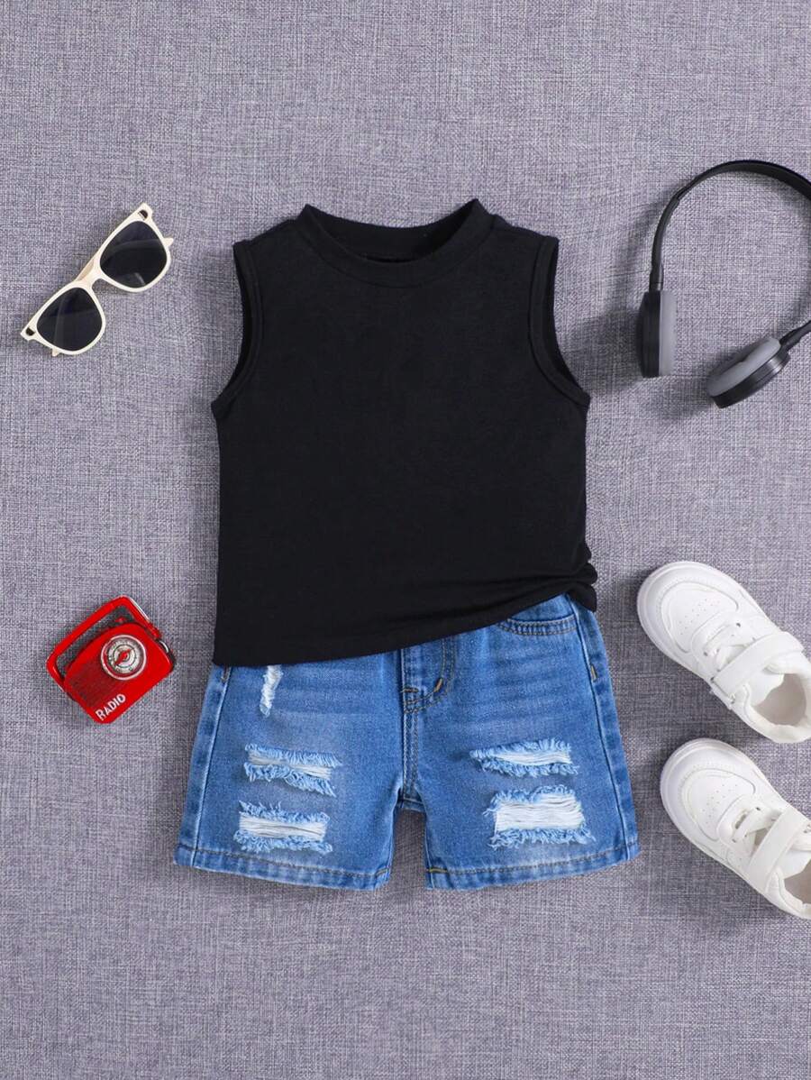 SHEIN 男婴春夏纯色背心搭配破洞宽松牛仔短裤套装，男婴夏季服装套装