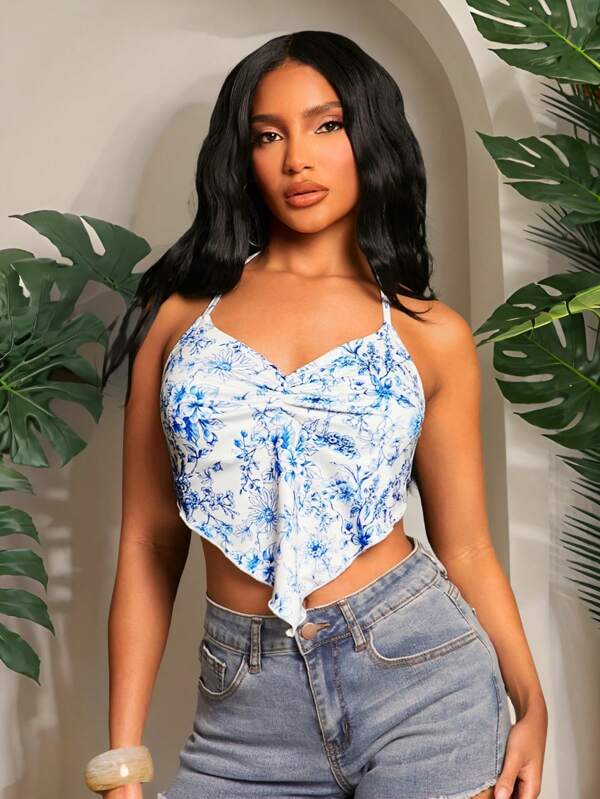 SHEIN SXY Spring/Summer Outfits Boho Vacation Elegant Casual Western Wear Music Festival For Women Blue And White Vacation Print Halter Women Top