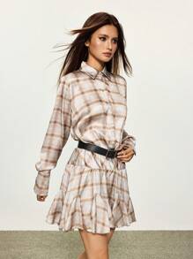INAWLY Robe chemise à manches longues à carreaux avec un seul rang de boutons et volants à l'ourlet pour femmes - Kaki - Voir 3