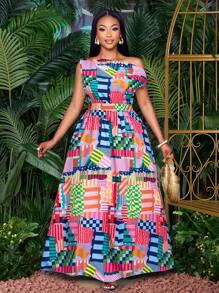 SOLERSUN Plus Size Spring And Summer Fashion Elegant Commuting Casual Slanted Shoulders Short Sleeves Large Skirt Waist Art Street Seaside Vacation Date Travel Female Model - Multicolor - View 6