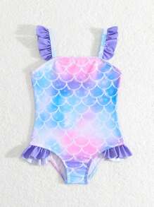 SHEIN Baby Girl Ruffled Fish Scale Printed One-Piece Swimsuit - Multicolor - View 3