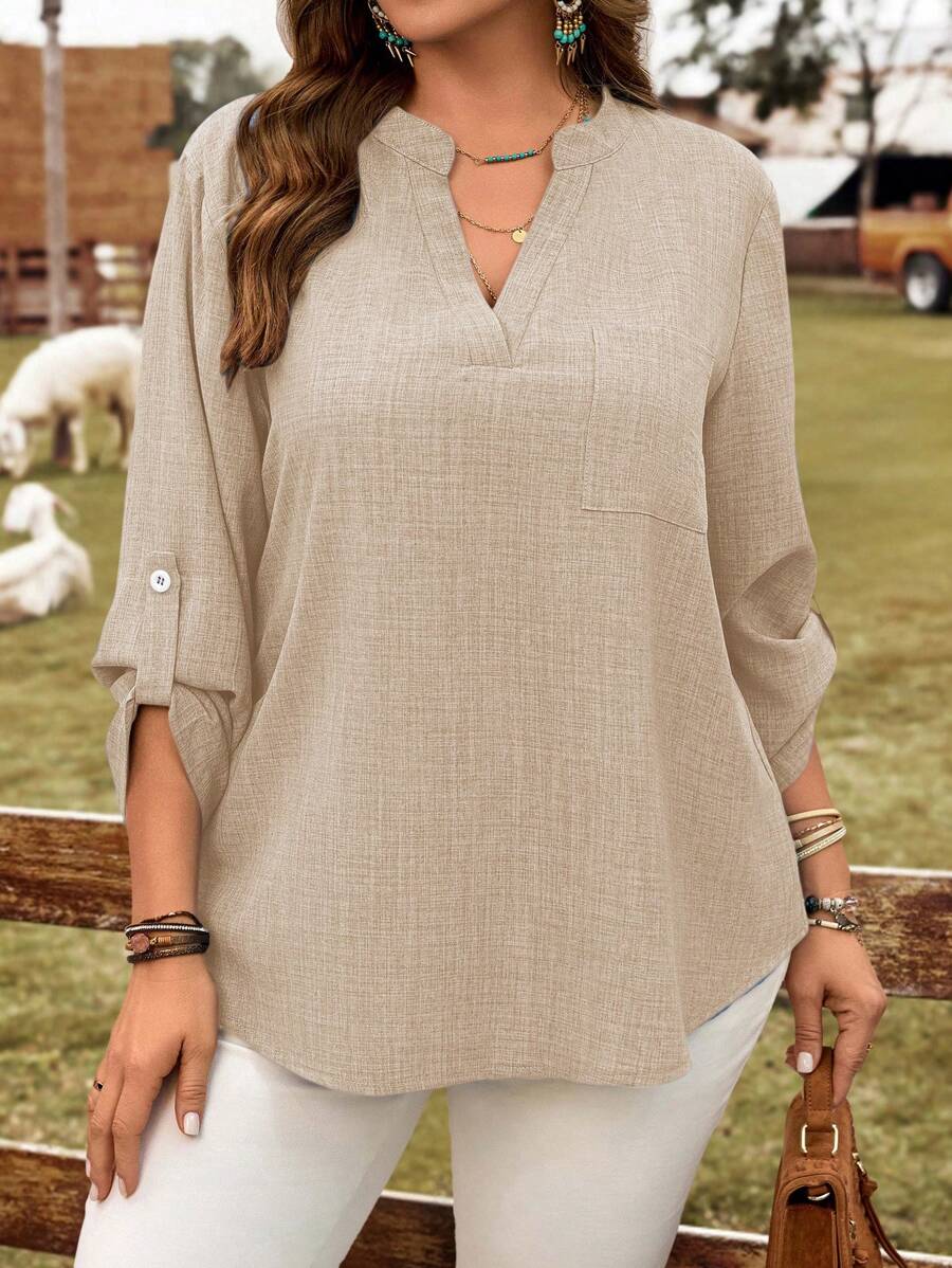 EMERY ROSE Camisa de talla grande de unicolor con cuello vuelto y mangas enrollables para vacaciones - Albaricoque - Ver 1